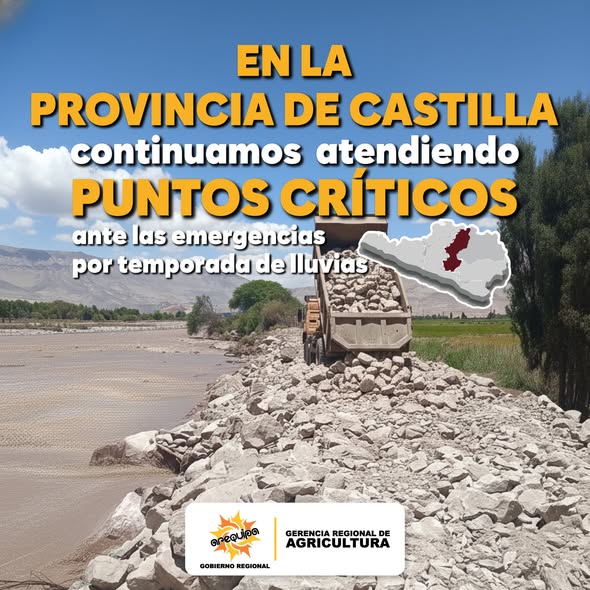 En la provincia de Castilla, la Gerencia Regional de Agricultura continúa atendiendo puntos críticos ante las emergencias por temporada de lluvias, realizando trabajos preventivos con maquinaria pesada en zonas vulnerables.